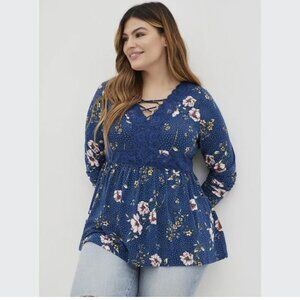 Torrid NWT Blue Babydoll Polka Dot Floral Long Sleeve Top Size 1X (14-16)